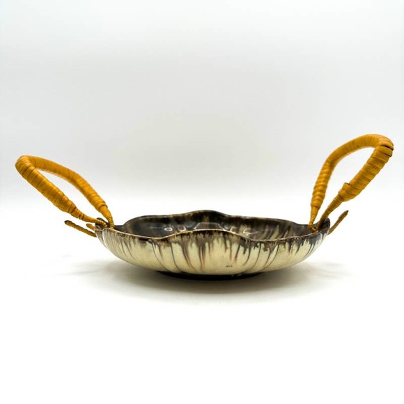 Likely Carstens Bowl West Germany Art Pottery Lava Glaze w Wicker Handles - Picture 6 of 13